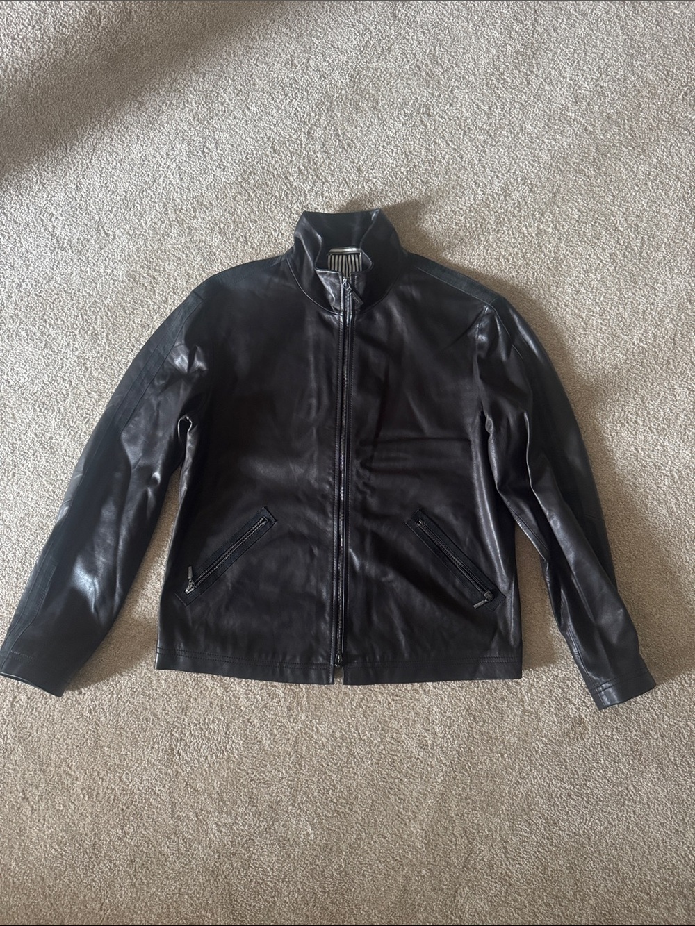Armani Collezioni Black Leather Bomber Jacket with Stand Collar